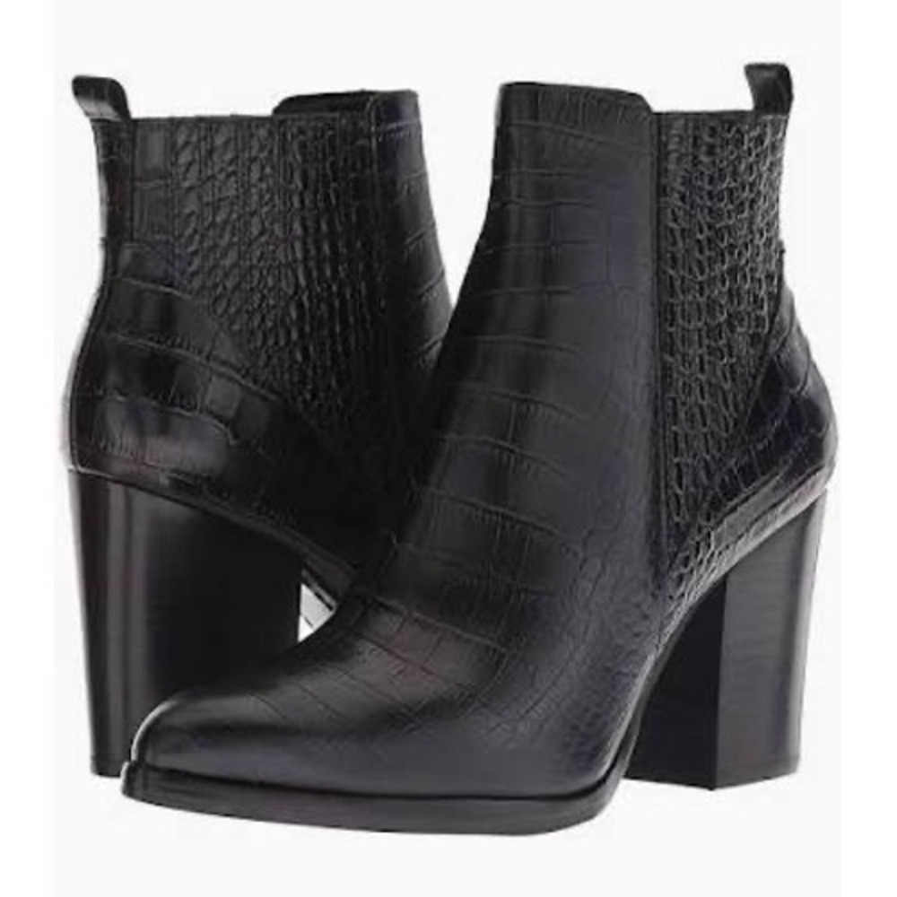 Marc Fisher LTD Anya Black Croc Embossed Leather Pointed Toe Heel Booties 9.5M